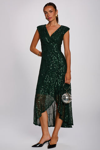 Sequin V Neckline Maxi Dress, Dark Green