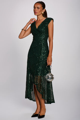 Sequin V Neckline Maxi Dress, Dark Green