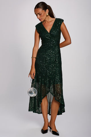Sequin V Neckline Maxi Dress, Dark Green