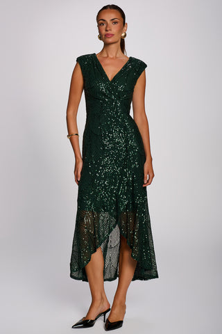 Sequin V Neckline Maxi Dress, Dark Green