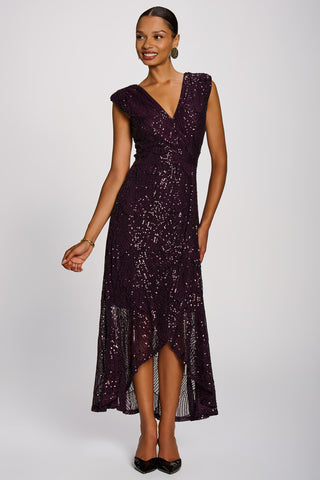 Sequin V Neckline Maxi Dress, Deep Plum