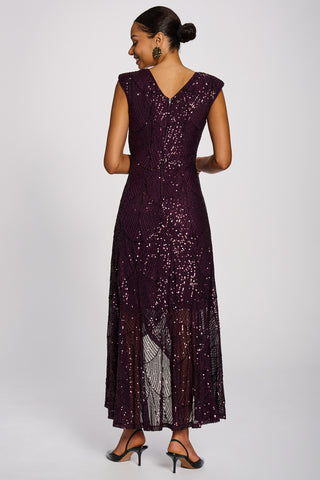 Sequin V Neckline Maxi Dress, Deep Plum