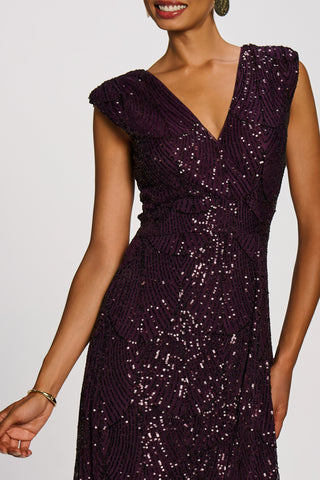 Sequin V Neckline Maxi Dress, Deep Plum