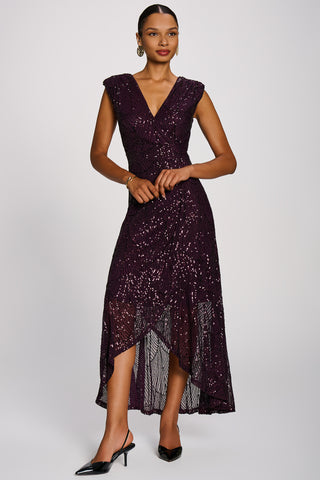 Sequin V Neckline Maxi Dress, Deep Plum