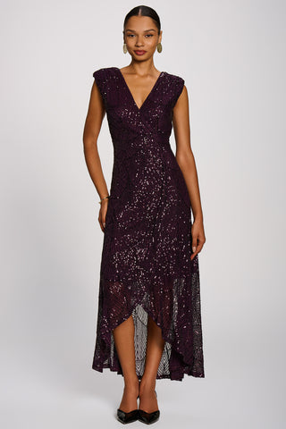 Sequin V Neckline Maxi Dress, Deep Plum