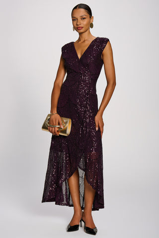 Sequin V Neckline Maxi Dress, Deep Plum