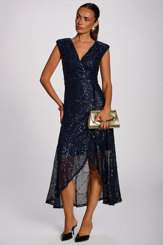 Sequin V Neckline Maxi Dress, Midnight Navy