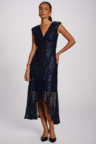 Sequin V Neckline Maxi Dress, Midnight Navy