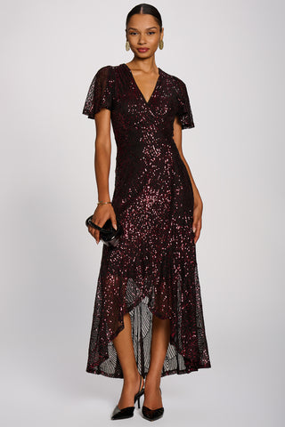 Sequin Angel Sleeve Dipped Hem Maxi Dress, Burgundy