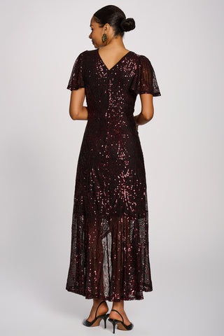 Sequin Angel Sleeve Dipped Hem Maxi Dress, Burgundy