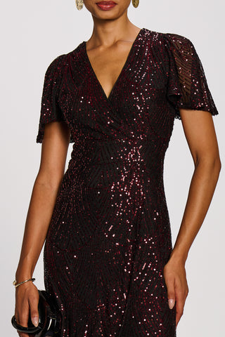 Sequin Angel Sleeve Dipped Hem Maxi Dress, Burgundy
