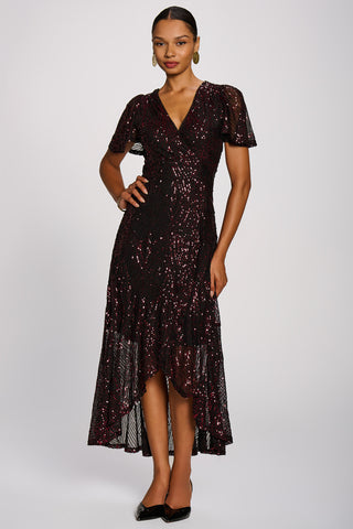 Sequin Angel Sleeve Dipped Hem Maxi Dress, Burgundy
