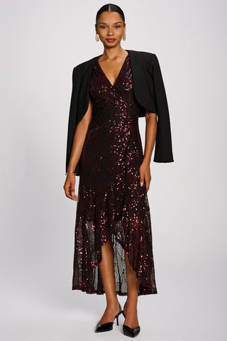 Sequin Angel Sleeve Dipped Hem Maxi Dress, Burgundy
