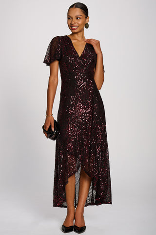 Sequin Angel Sleeve Dipped Hem Maxi Dress, Burgundy
