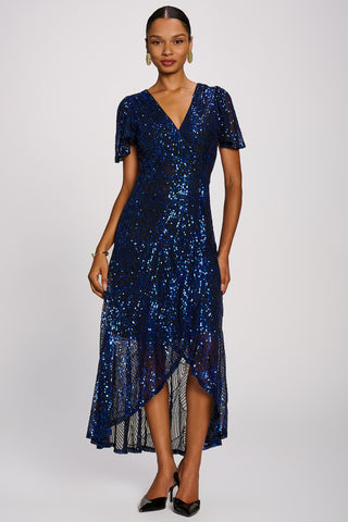 Sequin Angel Sleeve Dipped Hem Maxi Dress, Royal Blue