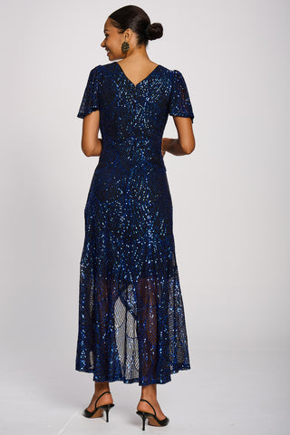 Sequin Angel Sleeve Dipped Hem Maxi Dress, Royal Blue