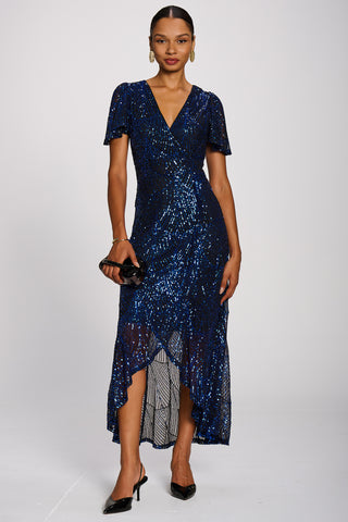 Sequin Angel Sleeve Dipped Hem Maxi Dress, Royal Blue