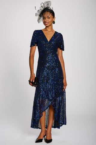 Sequin Angel Sleeve Dipped Hem Maxi Dress, Royal Blue