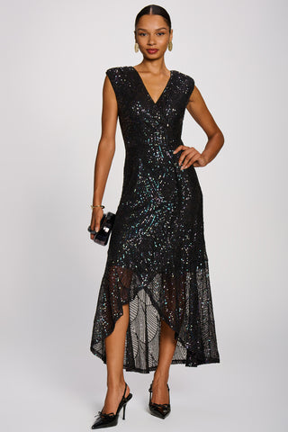 Sequin V-Neck Maxi Dress, Black Multi
