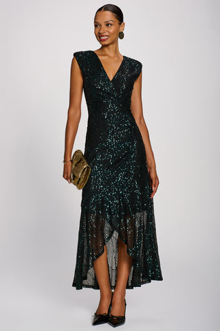 Sequin V-Neck Maxi Dress, Emerald Green