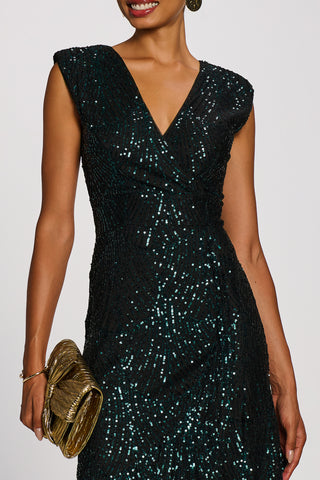 Sequin V-Neck Maxi Dress, Emerald Green