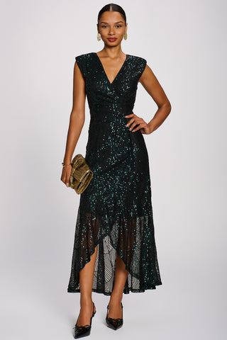 Sequin V-Neck Maxi Dress, Emerald Green