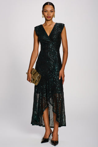 Sequin V-Neck Maxi Dress, Emerald Green