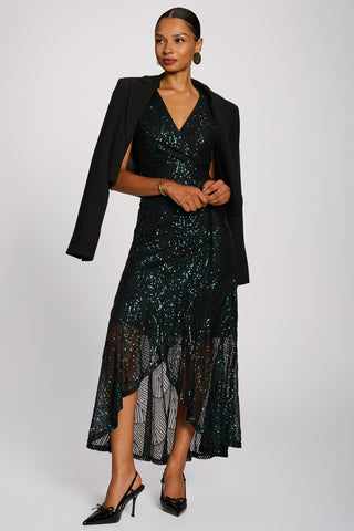 Sequin V-Neck Maxi Dress, Emerald Green