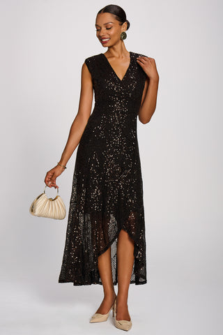 Sequin V-Neck Maxi Dress, Espresso Brown