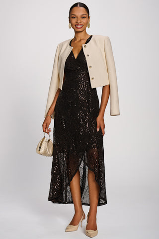 Sequin V-Neck Maxi Dress, Espresso Brown