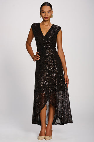 Sequin V-Neck Maxi Dress, Espresso Brown