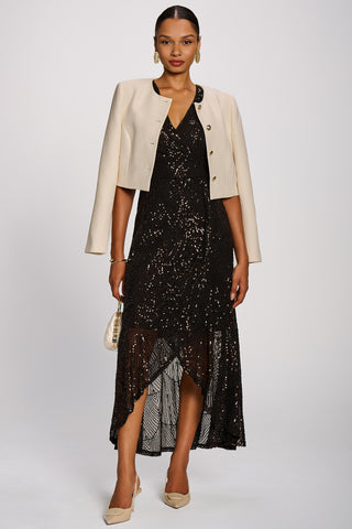 Sequin V-Neck Maxi Dress, Espresso Brown
