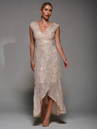 Sequin Asymmetric Ruffle Hem Maxi Dress, Beige Sliver