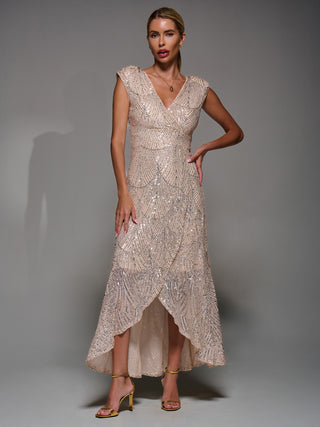 Sequin Asymmetric Ruffle Hem Maxi Dress, Beige Sliver