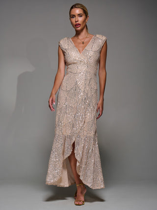 Sequin Asymmetric Ruffle Hem Maxi Dress, Beige Sliver