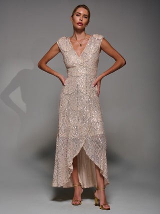 Sequin Asymmetric Ruffle Hem Maxi Dress, Beige Sliver