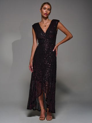 Sequin Asymmetric Ruffle Hem Maxi Dress, Black Burgundy