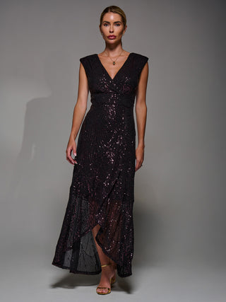 Sequin Asymmetric Ruffle Hem Maxi Dress, Black Burgundy