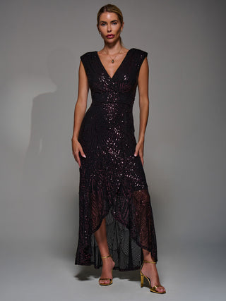 Sequin Asymmetric Ruffle Hem Maxi Dress, Black Burgundy