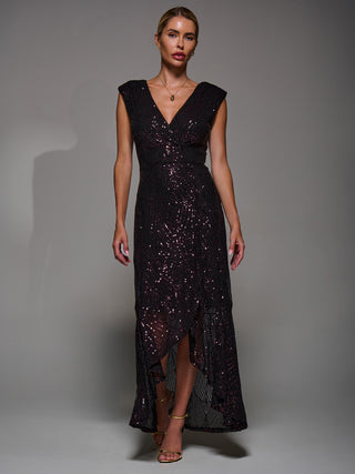 Sequin Asymmetric Ruffle Hem Maxi Dress, Black Burgundy