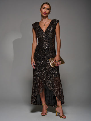 Sequin Asymmetric Ruffle Hem Maxi Dress, Black Gold Jolie Moi Retail Sequin Asymmetric Ruffle Hem Maxi Dress, Black Gold Jolie Moi Retail