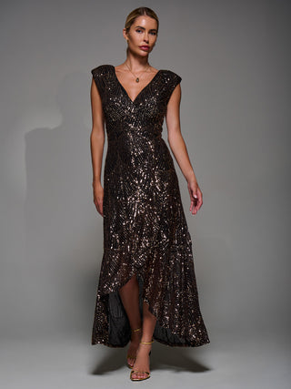 Sequin Asymmetric Ruffle Hem Maxi Dress, Black Gold