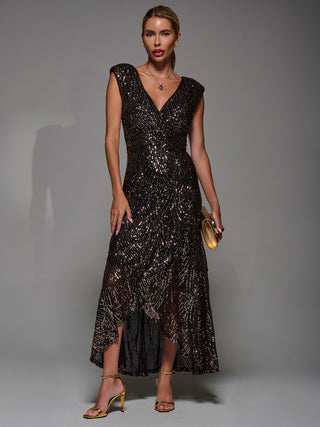 Sequin Asymmetric Ruffle Hem Maxi Dress, Black Gold