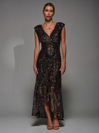 Sequin Asymmetric Ruffle Hem Maxi Dress, Black Gold