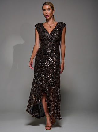 Sequin Asymmetric Ruffle Hem Maxi Dress, Black Gold