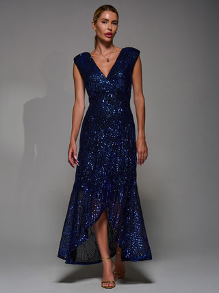 Sequin Asymmetric Ruffle Hem Maxi Dress, Black Royal Blue