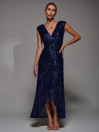 Sequin Asymmetric Ruffle Hem Maxi Dress, Black Royal Blue