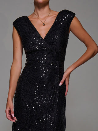 Sequin Asymmetric Ruffle Hem Maxi Dress, Black