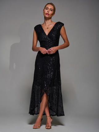 Sequin Asymmetric Ruffle Hem Maxi Dress, Black