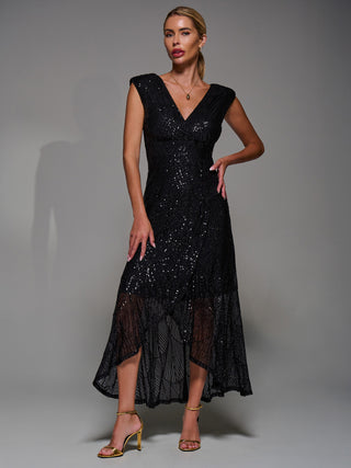 Sequin Asymmetric Ruffle Hem Maxi Dress, Black